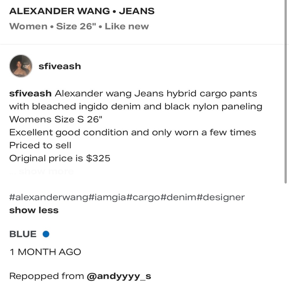 Alexander Wang women’s Denim Jeans in Light Blue and black sold out - Picture 3 of 3